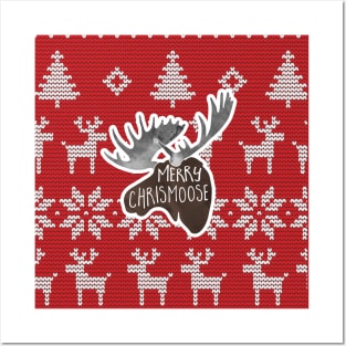 Merry ChrisMOOSE! A Christmas design of a moose atop a Christmas sweater background with a funny phrase Posters and Art